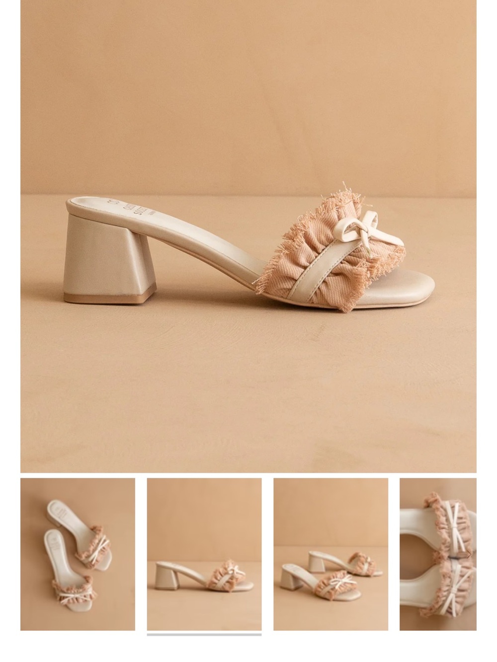 Women's Neutral Beige Block Heel Slide Sandals with Frayed Bow Oasis Society